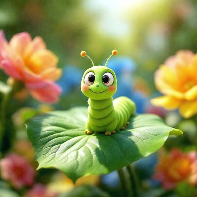 The primary subject of the image is a green and yellow cartoon-like caterpillar sitting on a leaf. The setting is a garden with a variety of colorful flowers surrounding the caterpillar. The visual style is a combination of photo and digital art, creating a whimsical and playful atmosphere. The colors and mood of the image are vibrant and cheerful, with the caterpillar being the focal point of the scene.